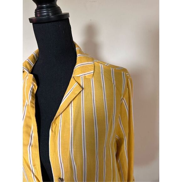 Passport Yellow, Tan & White Striped Button Down Crop Top with Front Tie at Wais - Picture 2 of 9